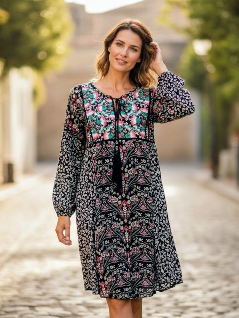 Sundance Folk Boho Embroidered Dress Medium Long Sleeve Peasant Floral Lined